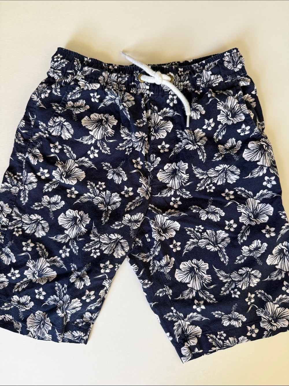 Navy Floral Men's Swim Trunks with White Drawcord